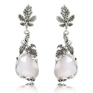 Vintage Water Droplets White Stone Earrings.Carved Maple Leaf Dangle Earrings.